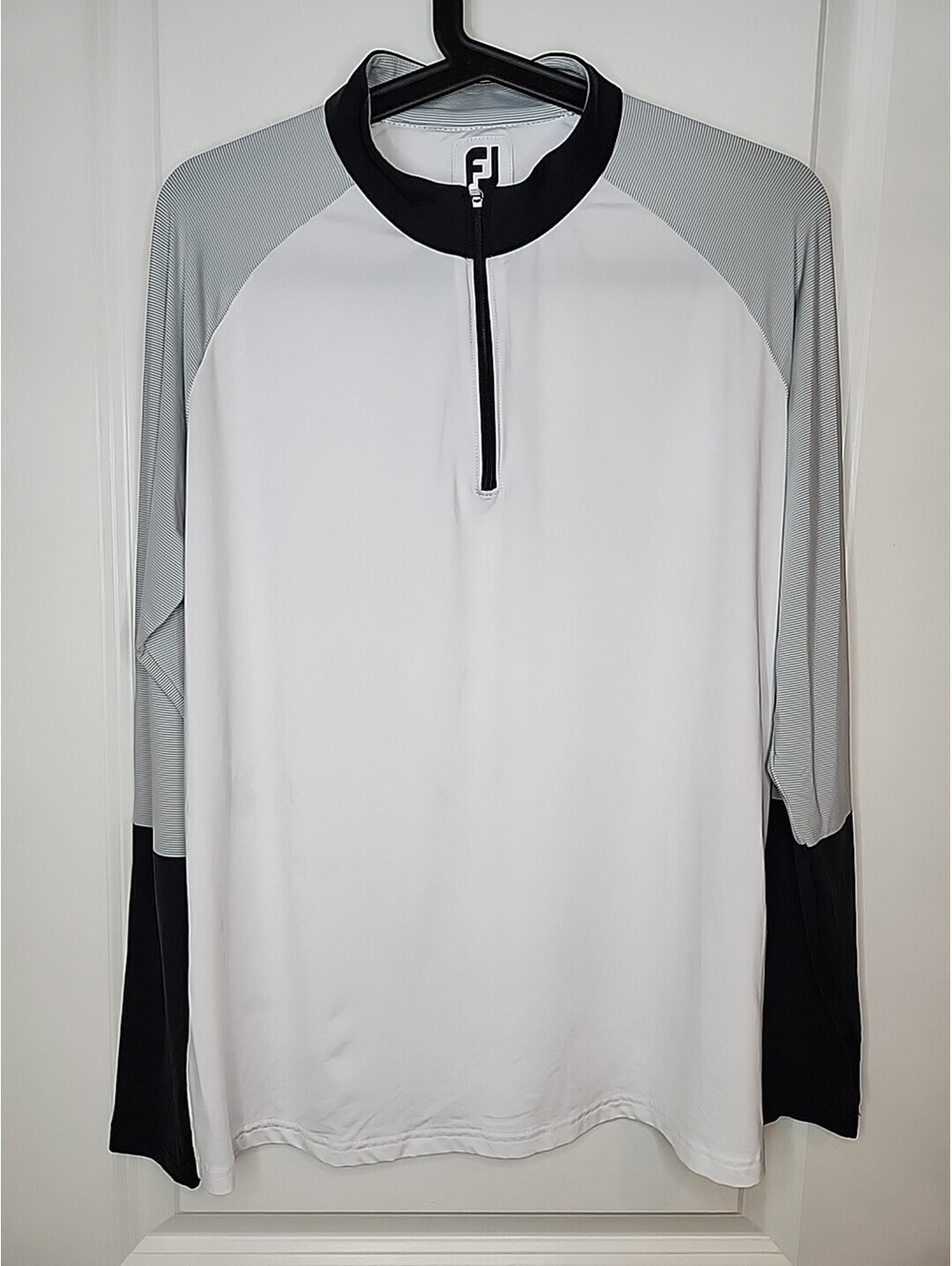 Footjoy Golf Shirt L/S Womens L Wht Blk Gry Quarter Zip Stretch Lightweight Logo